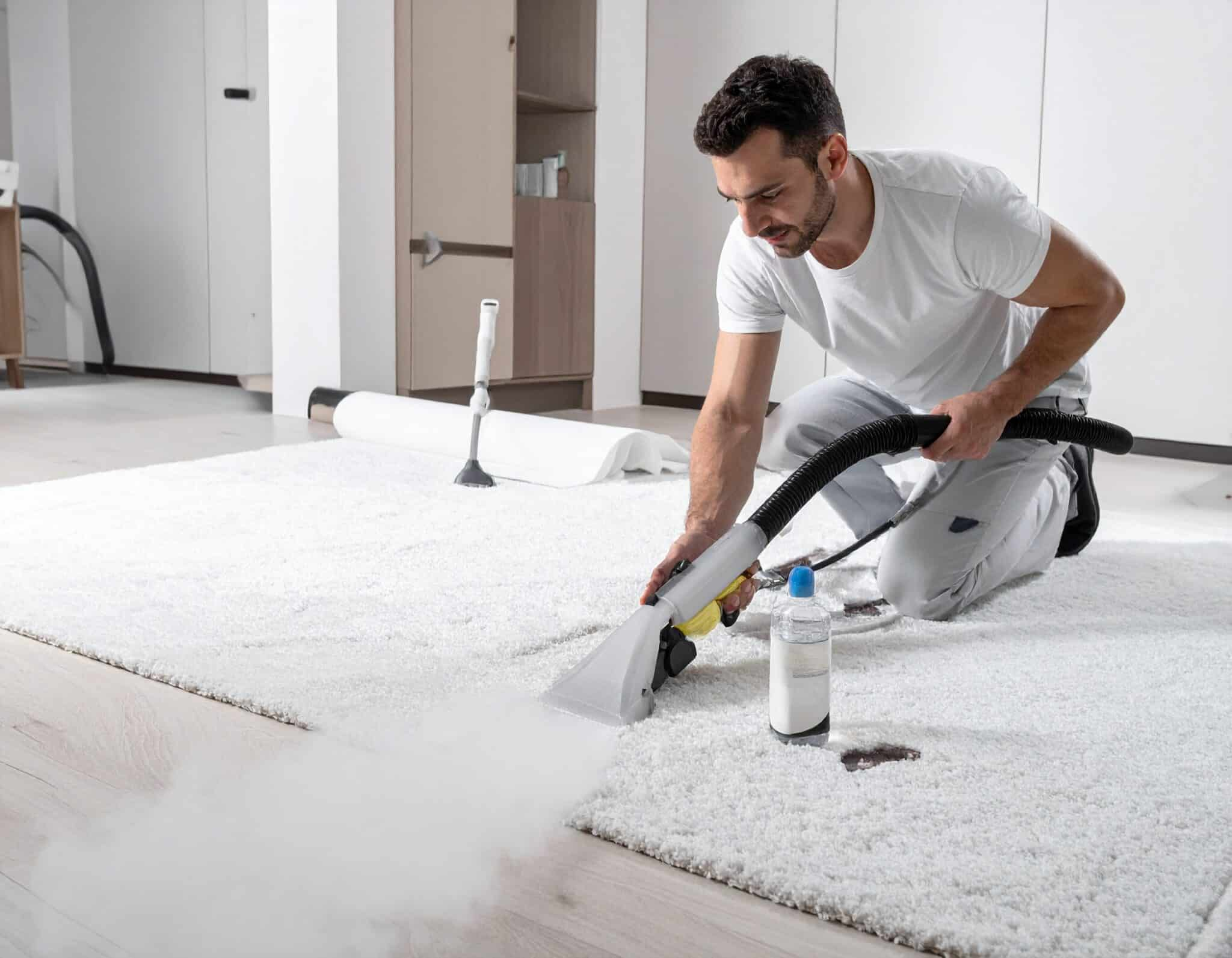 Technicien nettoyant un tapis clair dans un intérieur lumineux
